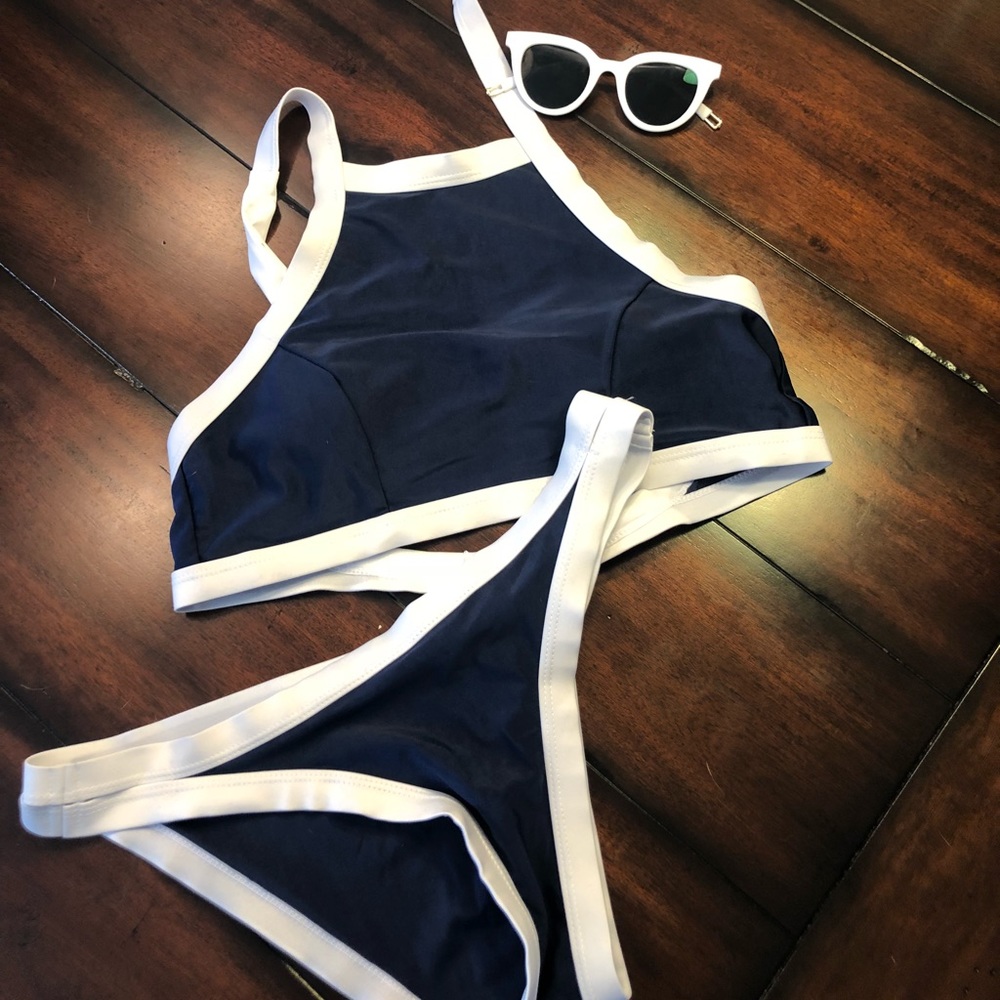 blue and white halter bikini set
